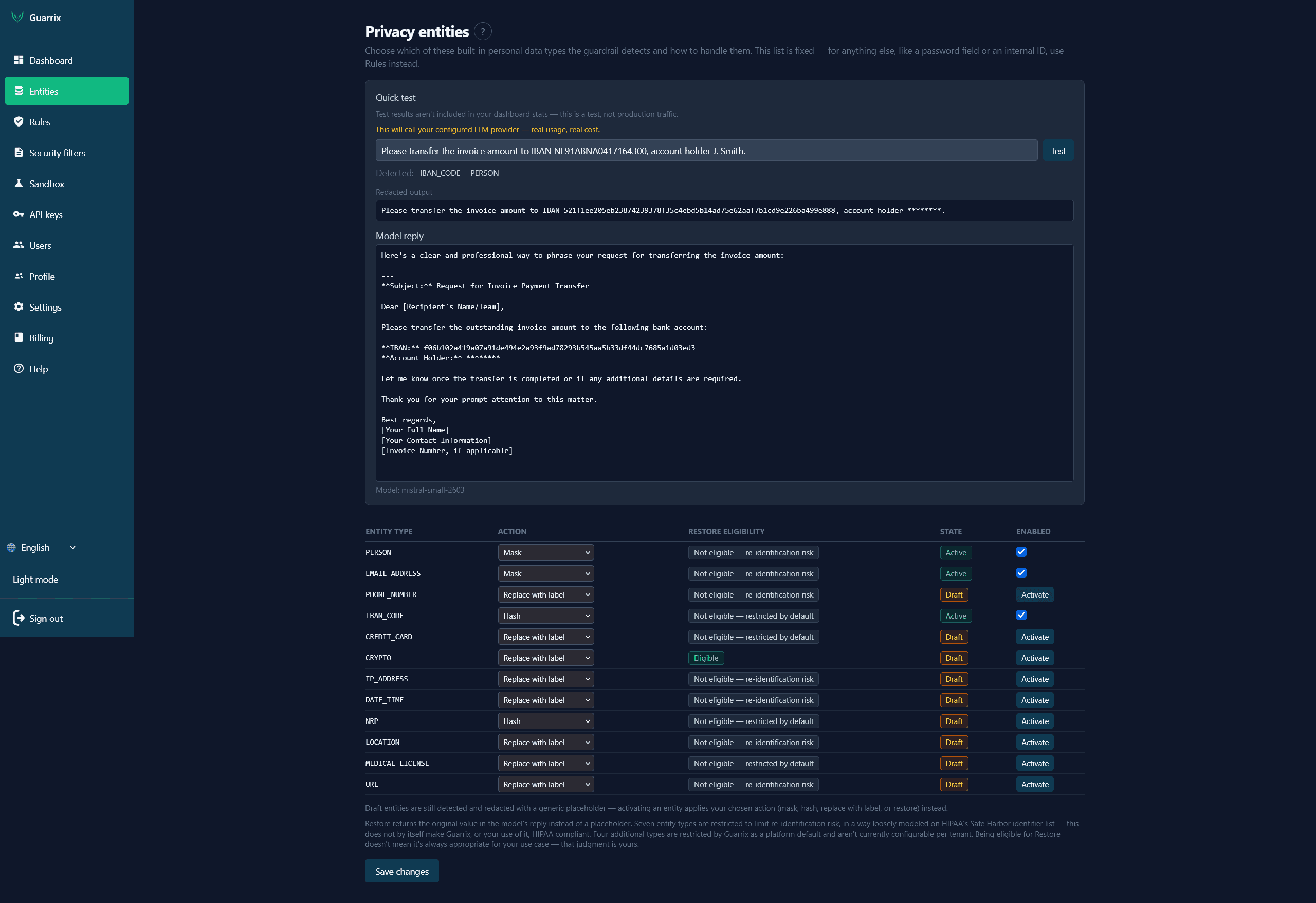 Privacy entities screen listing PERSON, EMAIL_ADDRESS, PHONE_NUMBER, IBAN_CODE and other entity types with action, state and enabled controls