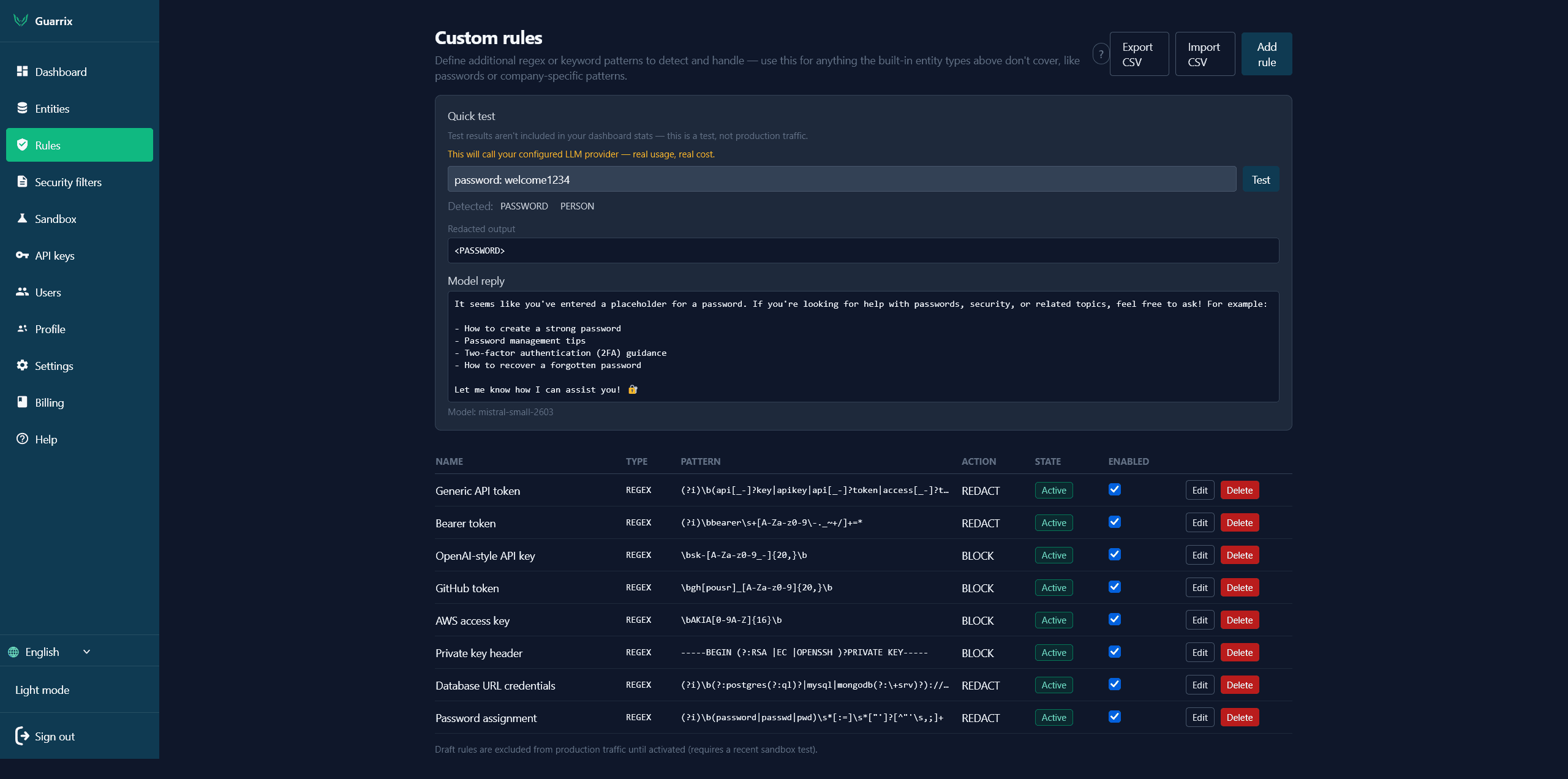 Custom rules screen with regex-based rules for password assignment, API tokens, bearer tokens and database credentials