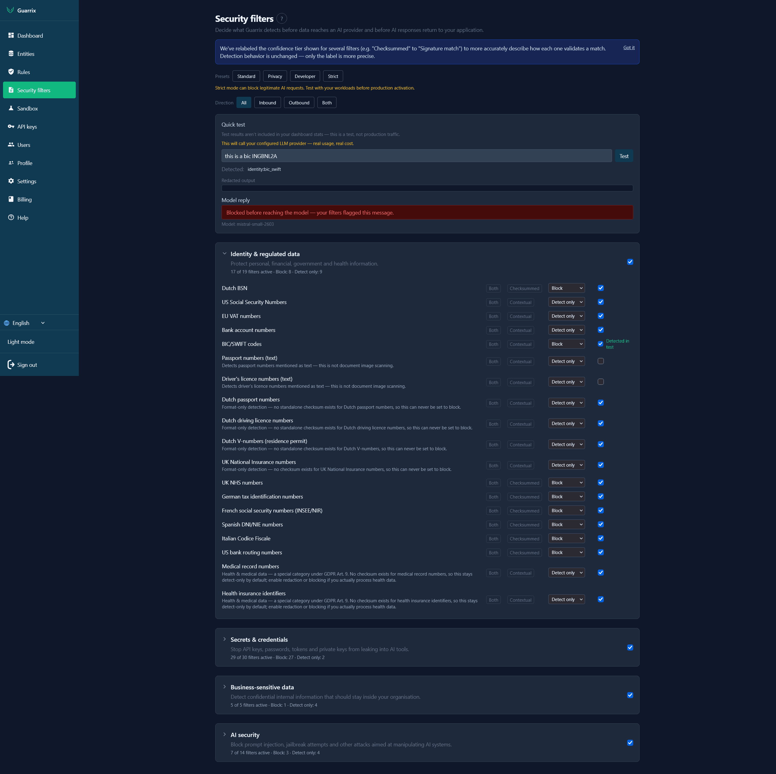 Security filters screen with preset selector and grouped filters for identity and regulated data, secrets and credentials, business-sensitive data and AI security